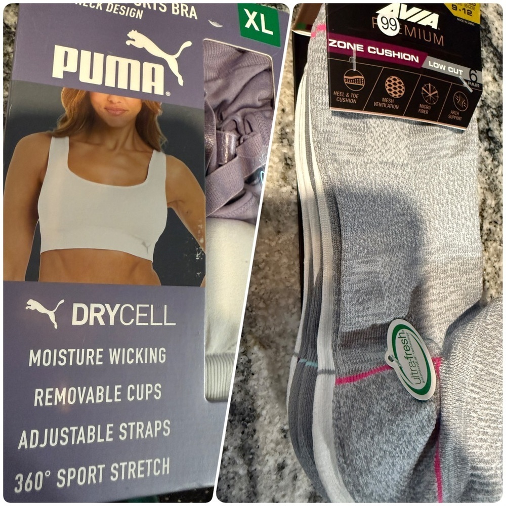 NWT Puma 2 pack sports bras, Moisture-Wicking and Avia socks bundle, 6 pack